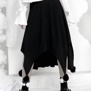 Cute Black Fuzzy Ball Decorated Asymmetrical Skirts
