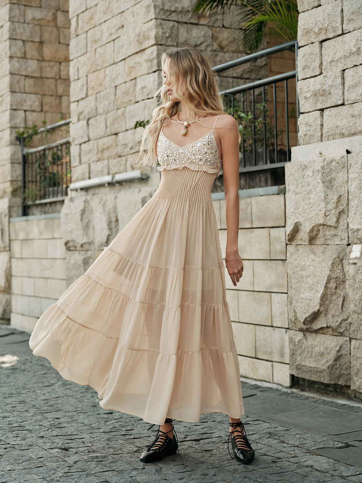 Semi-Sheer Embroidered Bustier Tiered Dress - Image 2