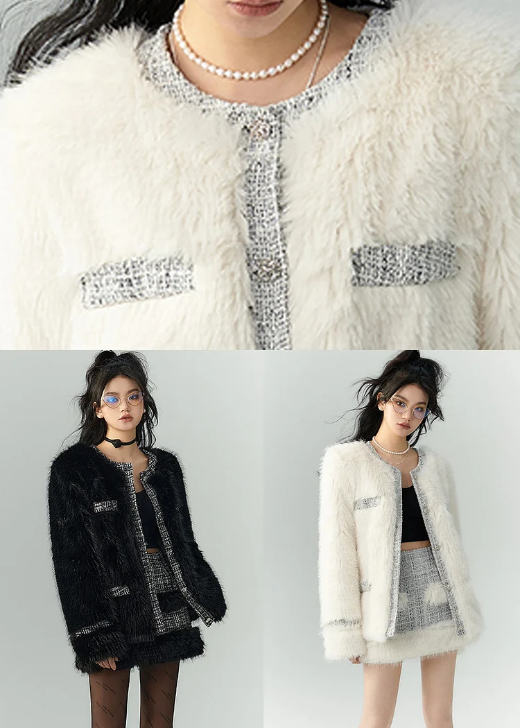 Italian White Button Coats And Skirts Leather And Fur Two Pieces Set Winter - Image 4