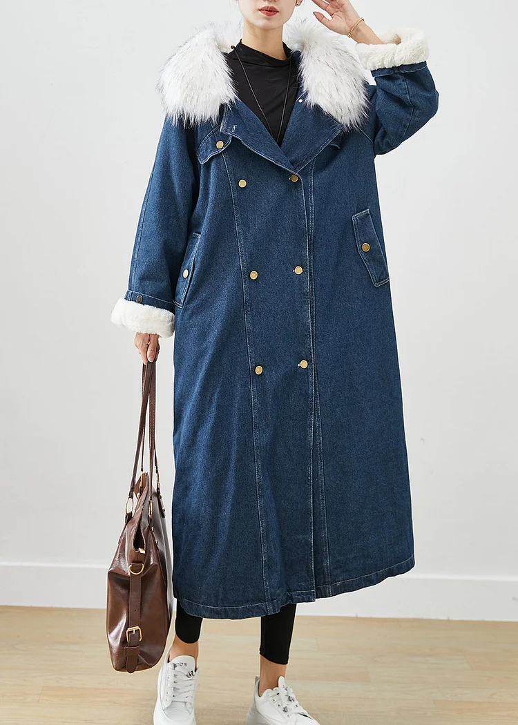 French Navy Fur Collar Thick Warm Fleece Denim Coats Fall - Image 2