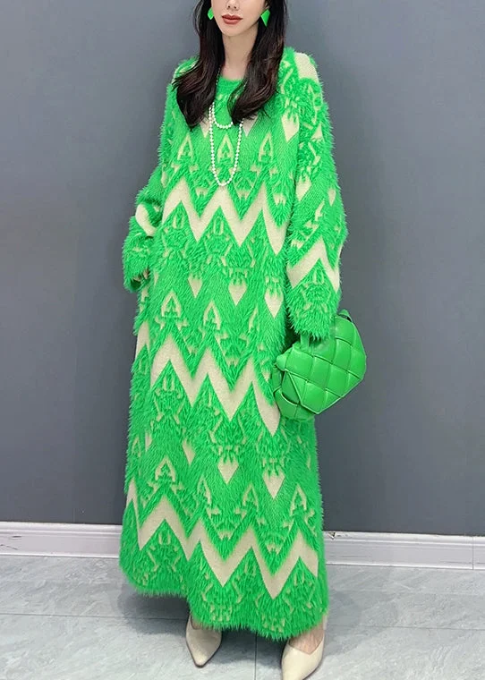 Green Patchwork Teddy Knit Sweater Dress O Neck Long Sleeve - Image 5