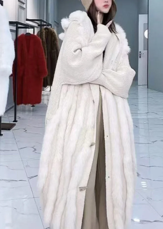 Fashion Grey Hooded Fox Fur Patchwork Knit Cardigan Fall - Image 4