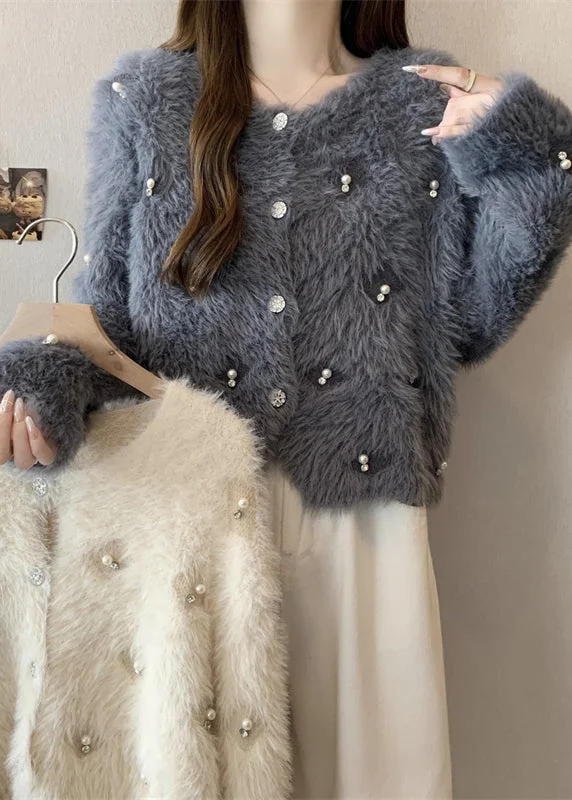 Fashion Grey O Neck Nail Bead Mink Hair Knitted Coat Fall - Image 4