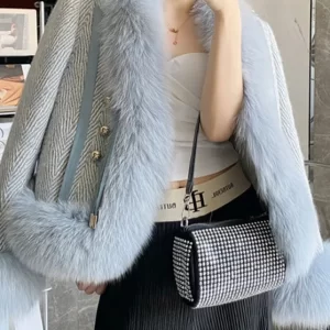 DIY Blue Stand Collar Leather And Faux Fur Coat Winter